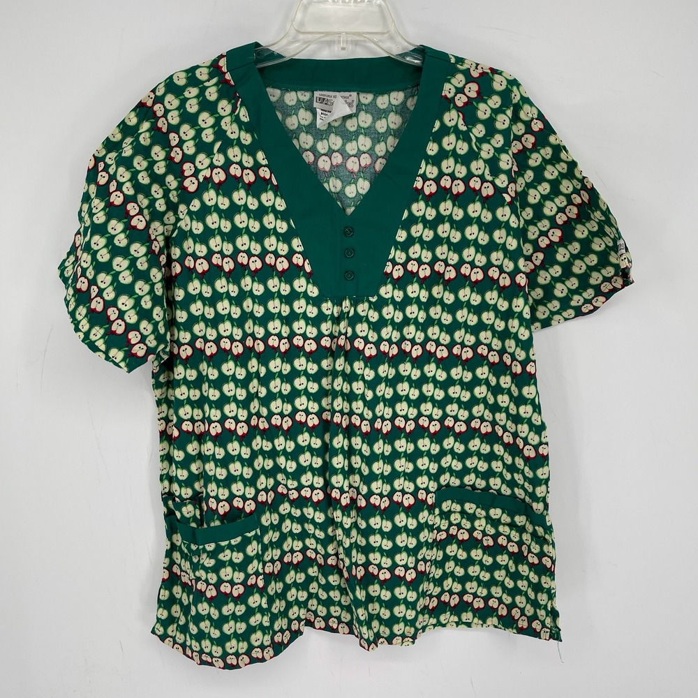 Uniform Advantage Women's Green Apple Print V-Neck Scrub Top Size 2X